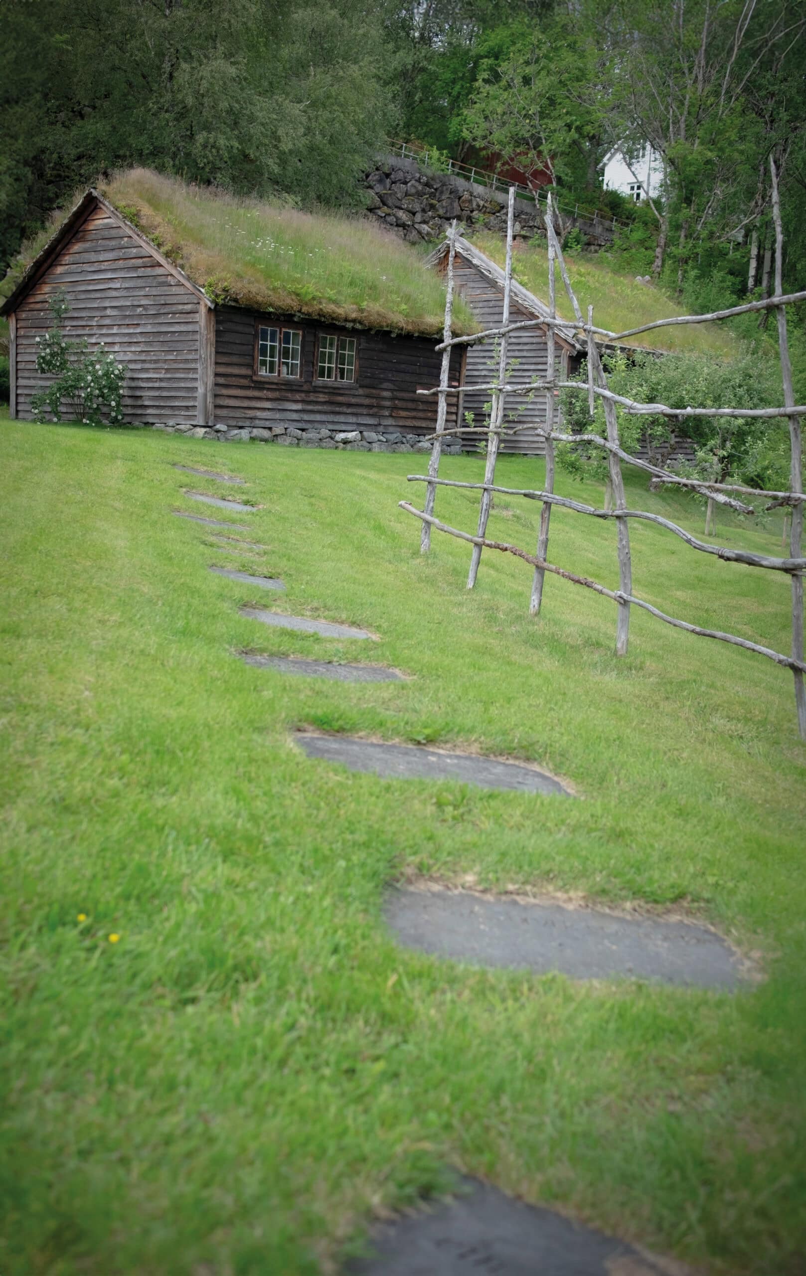 Diktarstien i museumstunet ved Hardanger folkemuseum. Grønne bakker med en sti av skiferplater går mellom de gamle husene på Utne. Foto Tine Kjosås